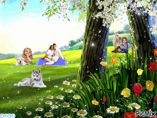 une famille dans une prairie - Ingyenes animált GIF