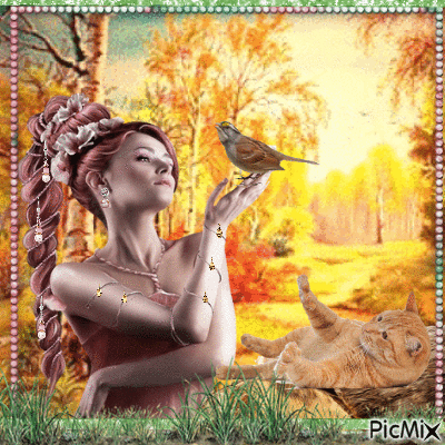 woman bird and cat - Ingyenes animált GIF