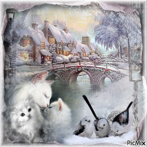 Winter kitten and birds - Free PNG