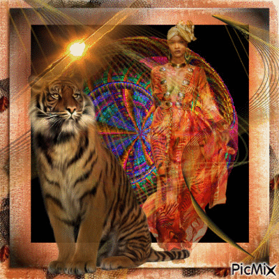Donna Africana con tigre - Бесплатный анимированный гифка
