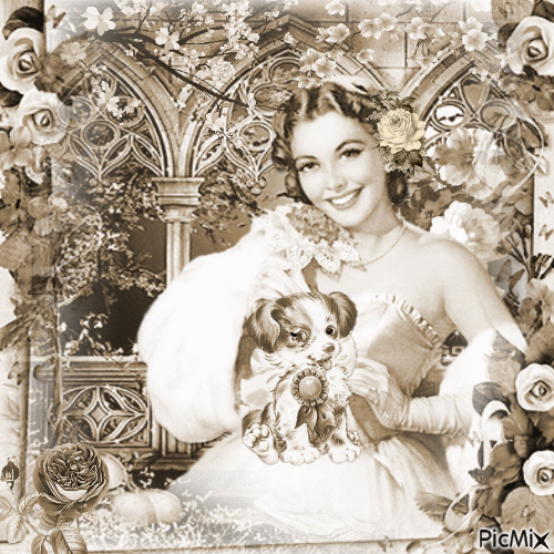 Portre of a vintage woman with a dog(sepia tones) - GIF เคลื่อนไหวฟรี