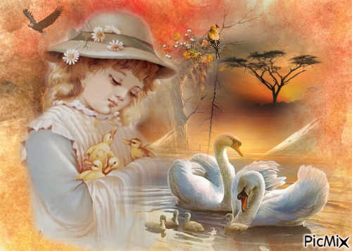 LITTLE GIRL HOLDING BABY DUCKS, 2 SWANS AND BABIES SWIMMING IN WATER, EAGLE FLYING, YELLOW BIRD AND NEST IN A TREE A TREEN IN BACK AT TOP, ORANGES IN PICTURE. - png ฟรี