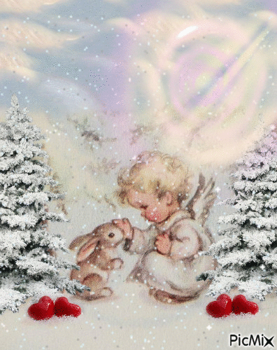 A LITTLE ANGEL FEEDING GOD'S CREATURES IN THE COLD AND THE SNOW. - Zdarma animovaný GIF