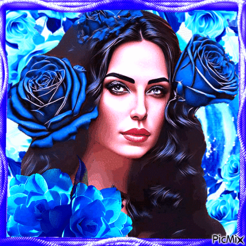 Portrait de femme aux cheveux noirs avec des roses bleues - 免费动画 GIF