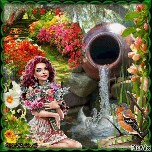 femme et son bouquet de fleur - Ingyenes animált GIF
