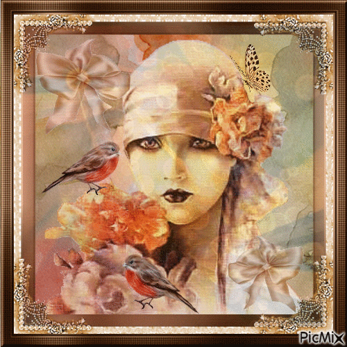Girl in beige, with birds - Ilmainen animoitu GIF