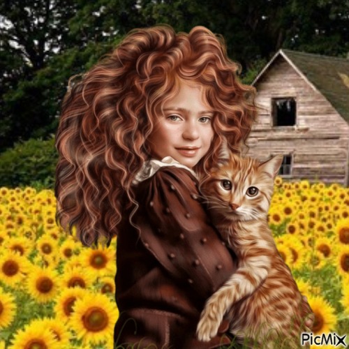 Girl with cat - ücretsiz png