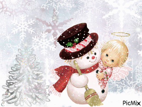 Snowman and Angel Cutie - Безплатен анимиран GIF