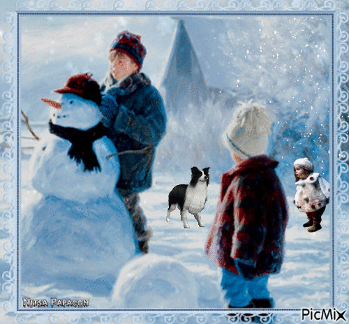 Snow children and snowman.☃ - Бесплатный анимированный гифка