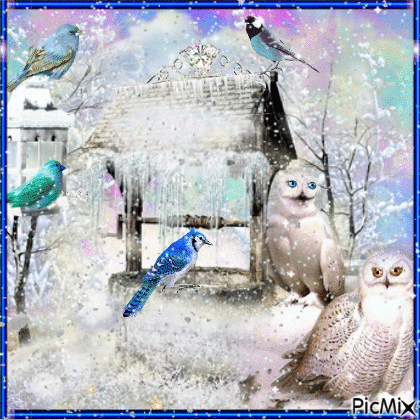WINTER WITH LOTS OF ICE AND SNOW EVERYWHERE, WITH AN OLD WELL BOX AND BIRDHOUSE, BLUE BIRDS, AND SNOW OWLS, FRAMED IN BLUE. - GIF animado gratis