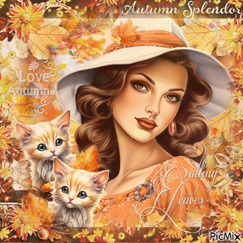 Autumn woman beauty animals cat - 無料のアニメーション GIF