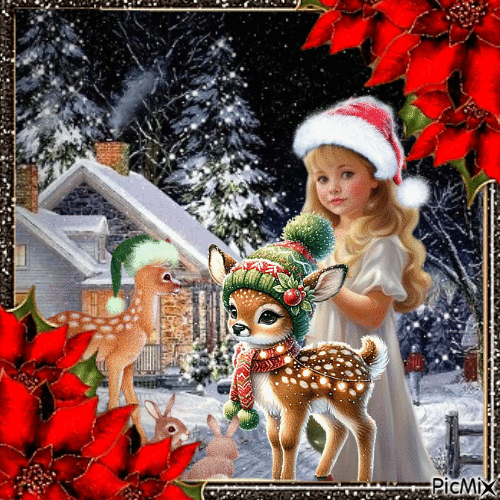 girl with deer - Безплатен анимиран GIF