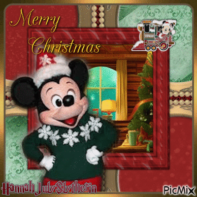 ♫Mickey Mouse at a Christmas Log Cabin♫ - Free animated GIF