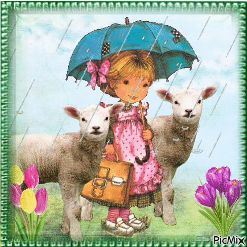 Girl With Lambs and Spring Showers - Free animated GIF