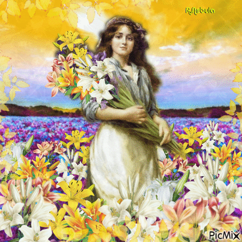 Vintage woman in lily field/contest - Бесплатни анимирани ГИФ