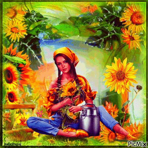 Frau mit Sonnenblume - GIF animé gratuit
