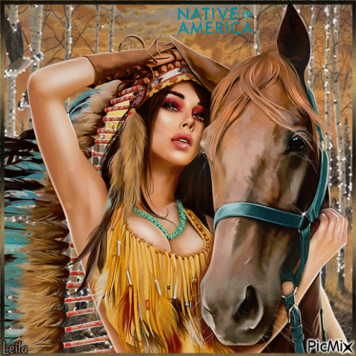 Native American woman with her horse - Gratis geanimeerde GIF