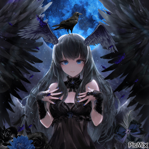 dark angel with raven - Free animated GIF