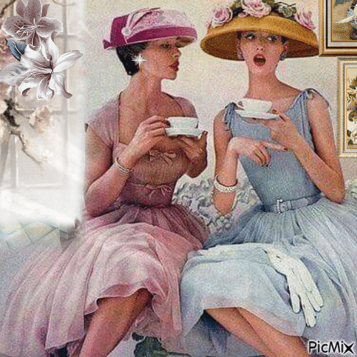 Señoras retro tomando café - GIF animado grátis