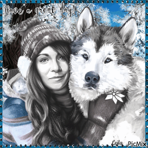 Have a great Day. Winter, woman, dog - GIF animado grátis