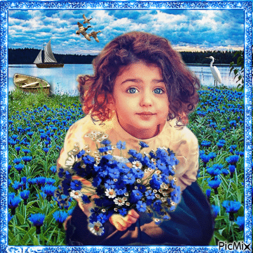 Kleines Mädchen mit blauen Blumen - Besplatni animirani GIF