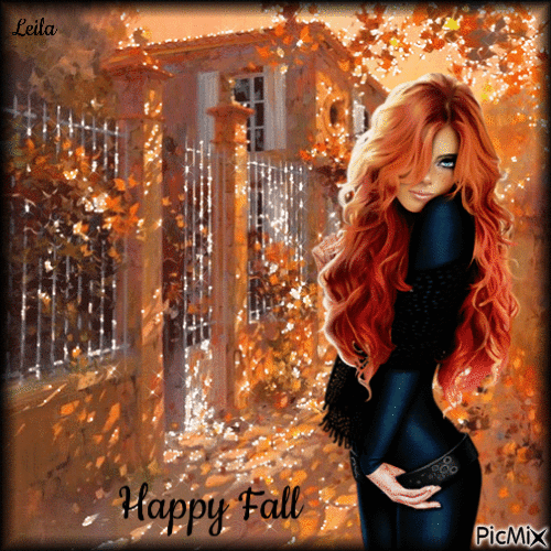 Happy Fall. Woman outside her home - Безплатен анимиран GIF