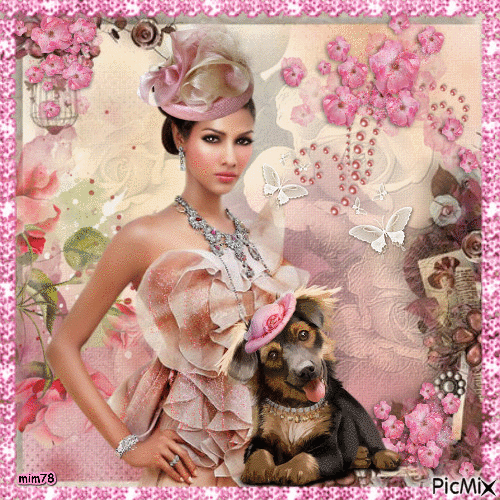 Dame élégante et chien avec chapeaux - Δωρεάν κινούμενο GIF