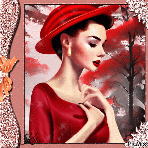 Femme pensive - Tons rouges - GIF animé gratuit