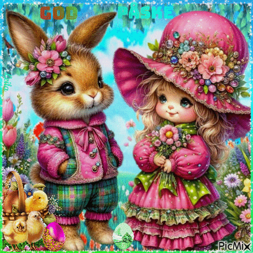 Happy Easter. Girl, rabbit 6 - Free animated GIF