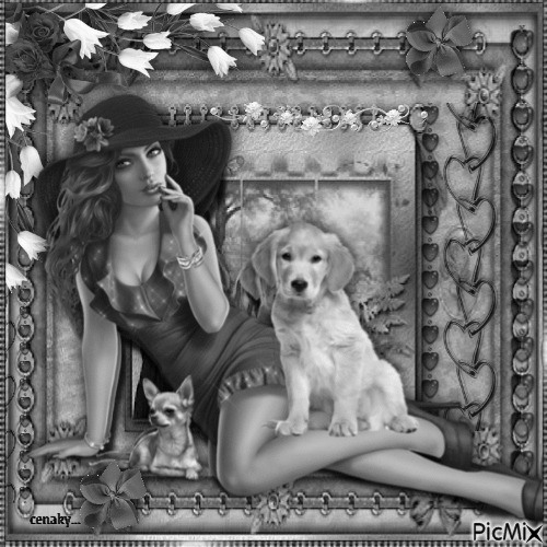 Femme avec son chien - Vintage - Free animated GIF