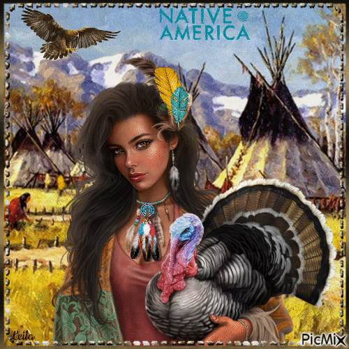Native American woman with a turkey - Free animated GIF