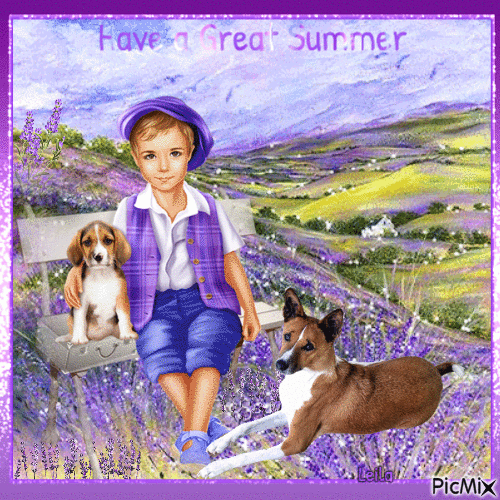 Have a Great Summer. Boy, dogs, lavender - GIF animé gratuit