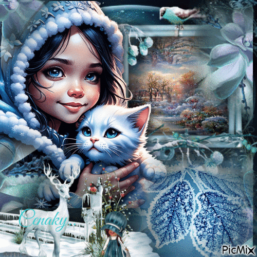 Fillette et son chaton en hiver - Ilmainen animoitu GIF