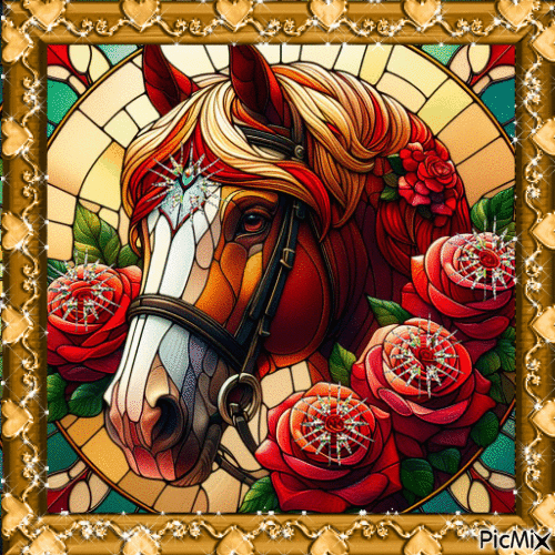 HORSE AND ROSES - Бесплатный анимированный гифка