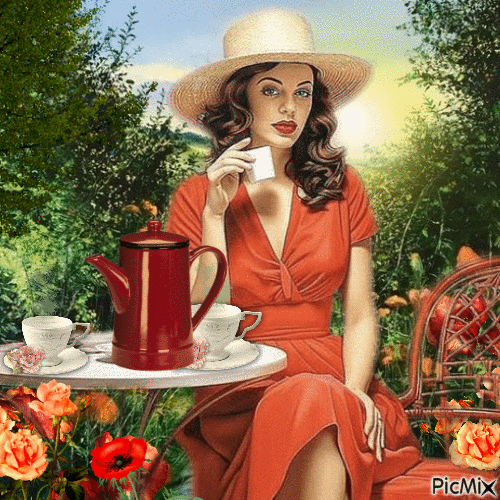 Kaffeepause im Garten - Vintage - Animovaný GIF zadarmo