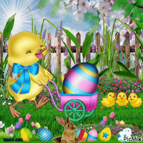 Easter-chicks_eggs-flowers - Gratis geanimeerde GIF