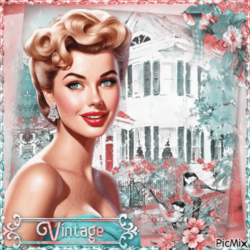 Vintage woman with a house - Gratis animeret GIF