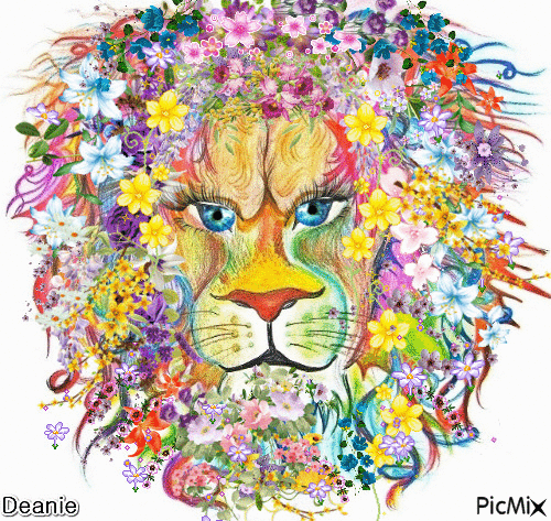 Lion's Head with Flowered Mane (Cartoon Style) - Zdarma animovaný GIF