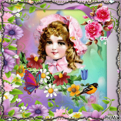 Portrait Girl Spring Flowers Bird Glitter Hat - Besplatni animirani GIF