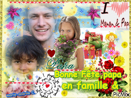 En famille, fleurs, cadeaux , enfants et le papa. Roses -" Bonne Fête, Papa, en famille ". - Ingyenes animált GIF