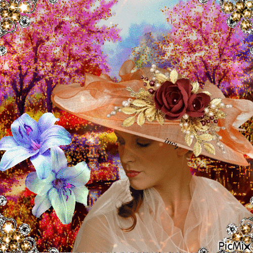 mujer con sombrero y flores - Free animated GIF