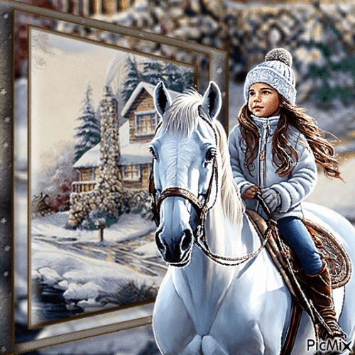 Fillette et son cheval - GIF animé gratuit