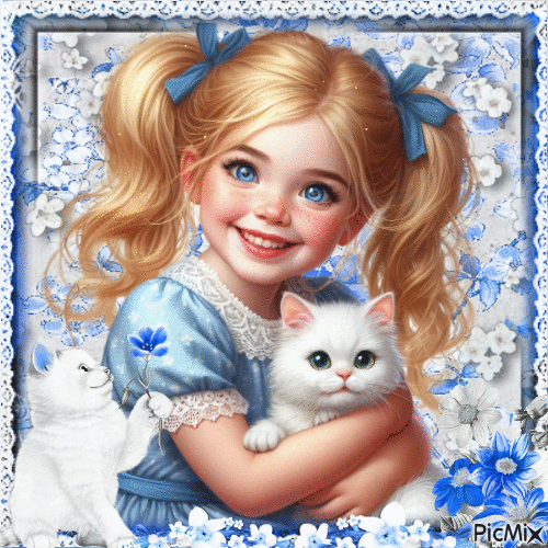 Little girl with a white cat - GIF animé gratuit