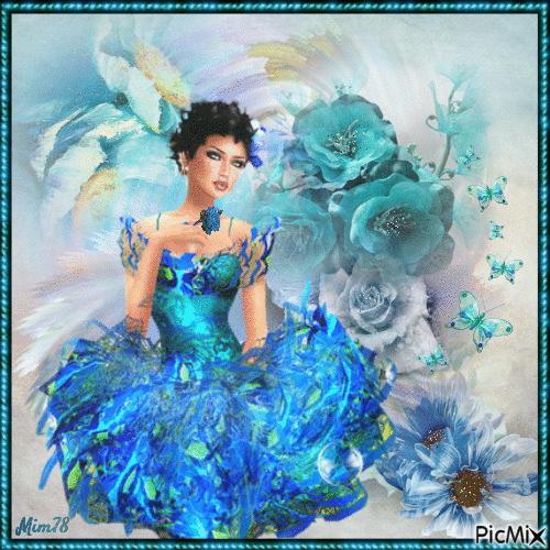 femme et fleurs bleues - Ingyenes animált GIF