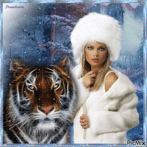 Femme avec tigre en hiver. - GIF เคลื่อนไหวฟรี