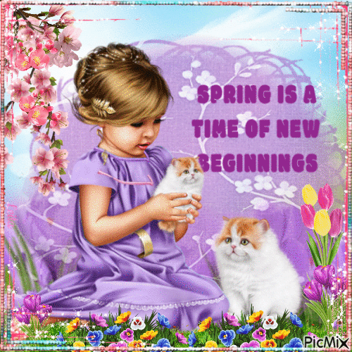 Spring is a New Beginning. Girl and cats - Бесплатни анимирани ГИФ