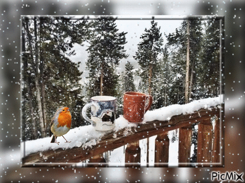 oiseau et tasses sous la neige - GIF animé gratuit