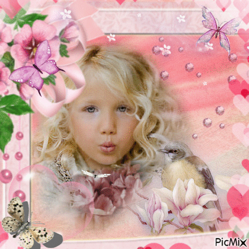 La petite fille en rose et les papillons - Free animated GIF