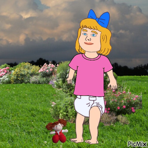 Baby and doll in garden - gratis png