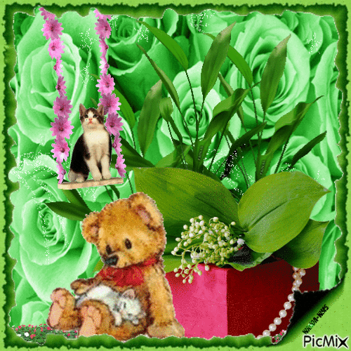 Bears- cats -green-flowers - 免费动画 GIF